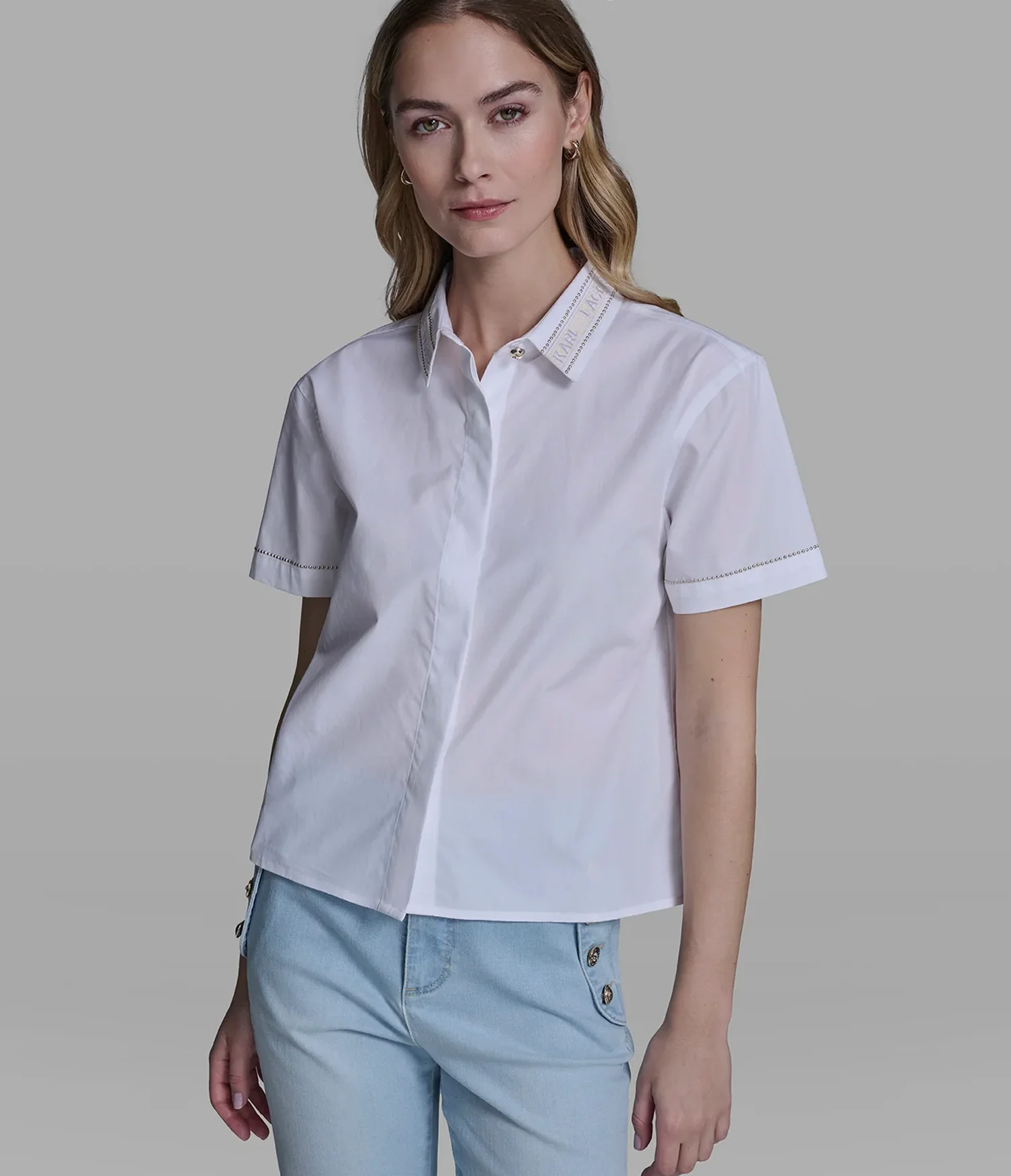 SHORT SLEEVE POPLIN SHIRT WITH EMBELLISHED TRIM