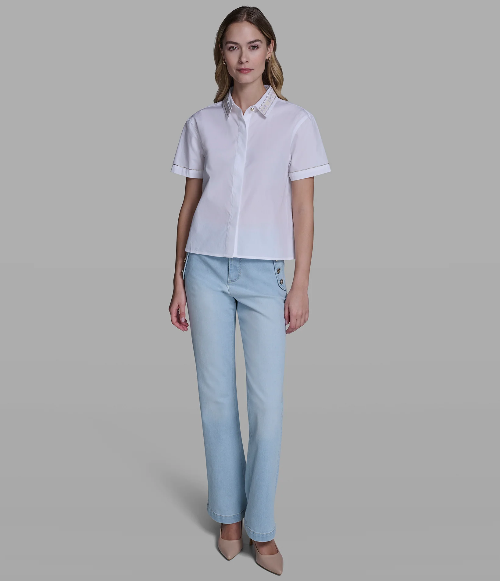 SHORT SLEEVE POPLIN SHIRT WITH EMBELLISHED TRIM - Image 5