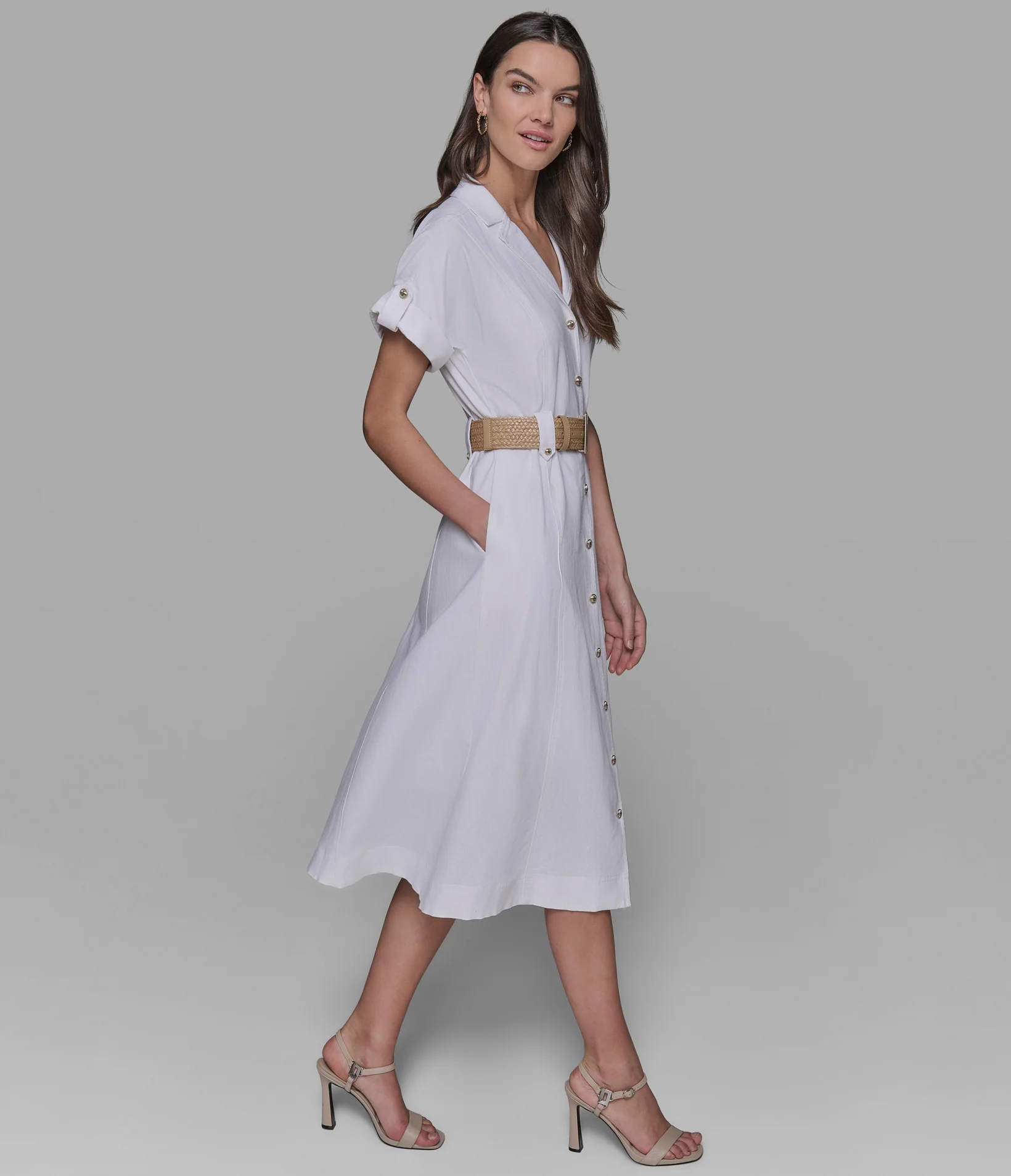 SHORT SLEEVE RAFFIA BELT LINEN SHIRT DRESS - Image 3
