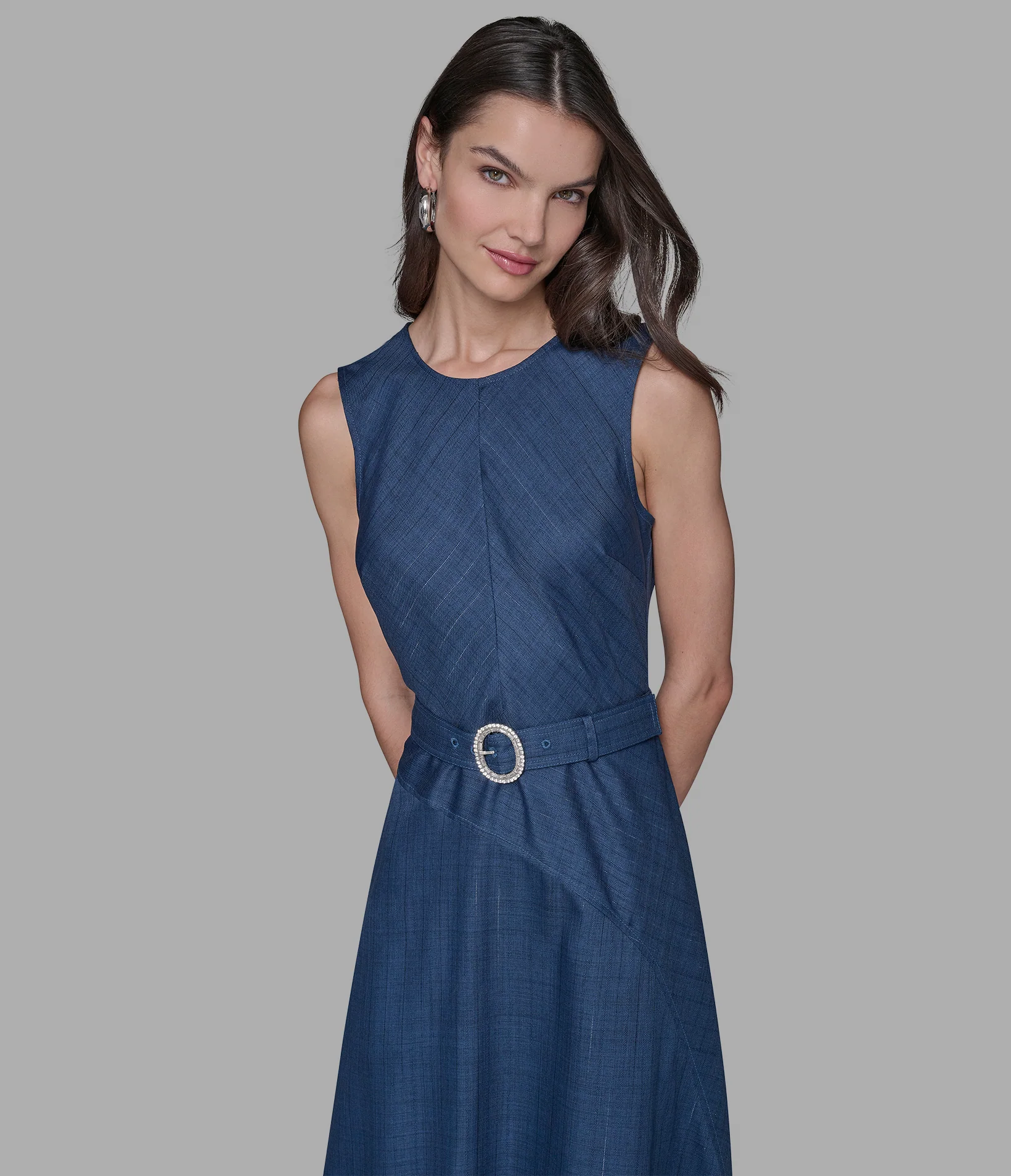 BELTED PINSTRIPE DENIM MIDI DRESS - Image 4