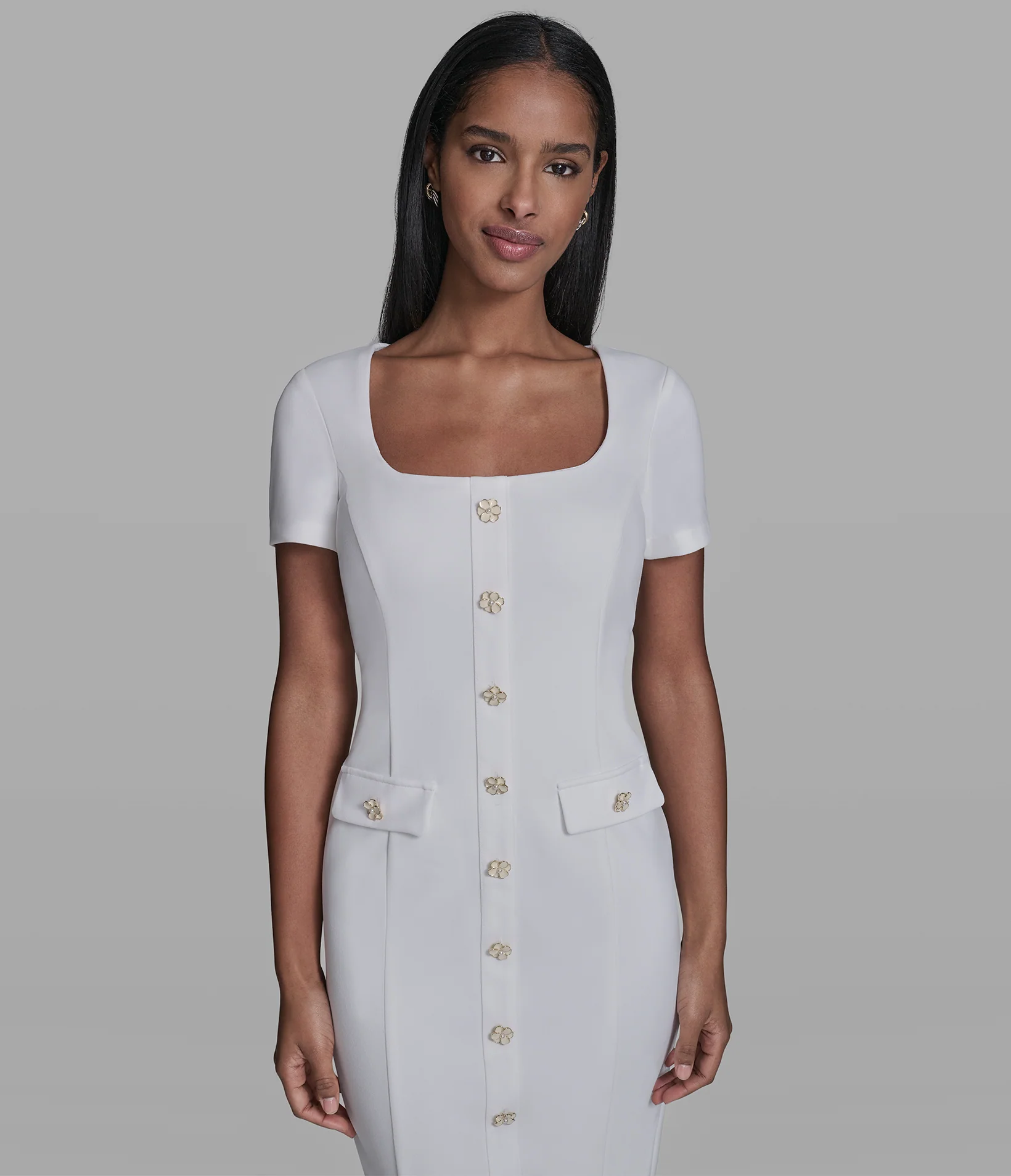 SCUBA CREPE SHEATH DRESS WITH FLOWER BUTTONS - Image 4