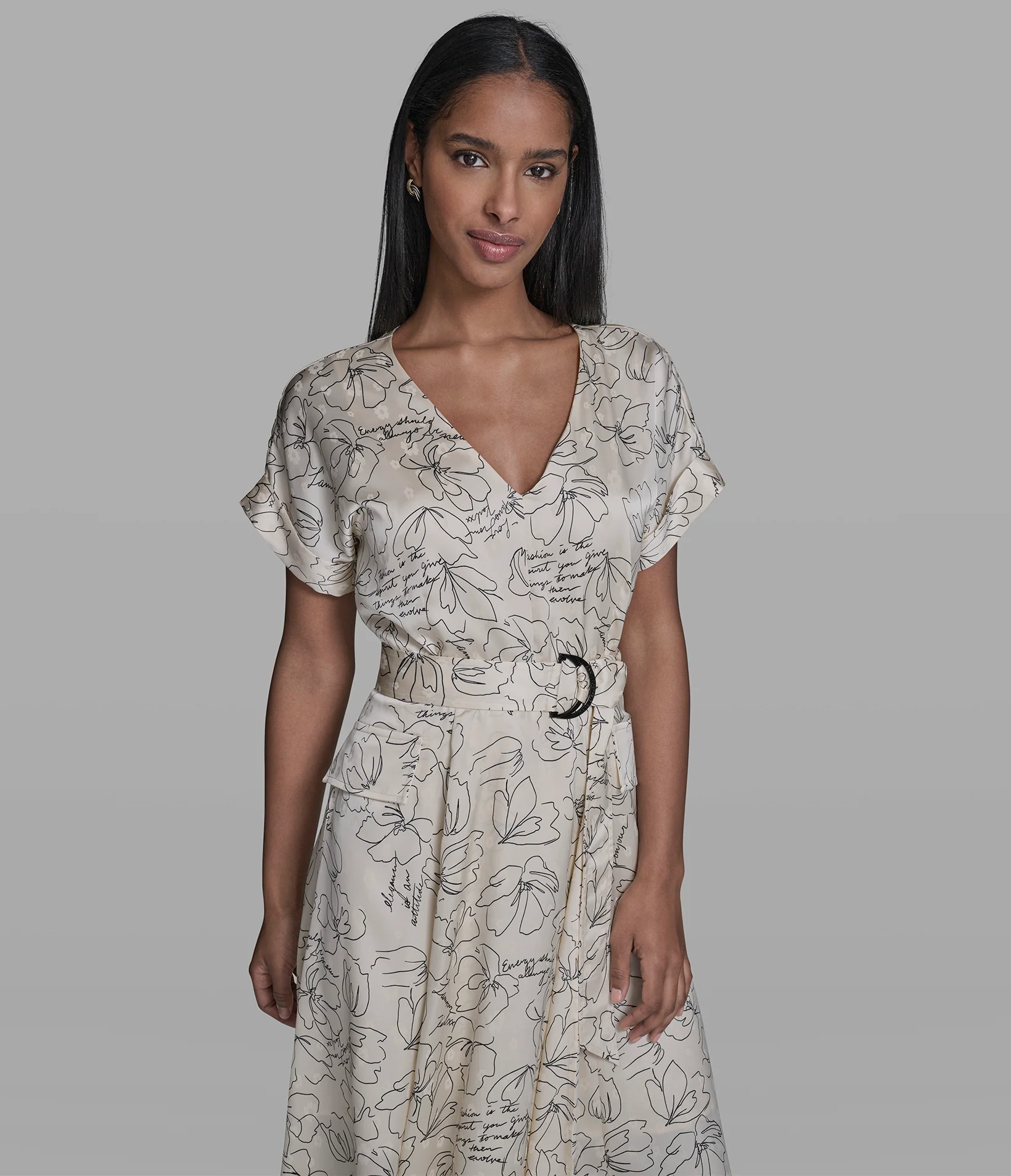 BELTED FLORAL OUTLINE MIDI DRESS - Image 4