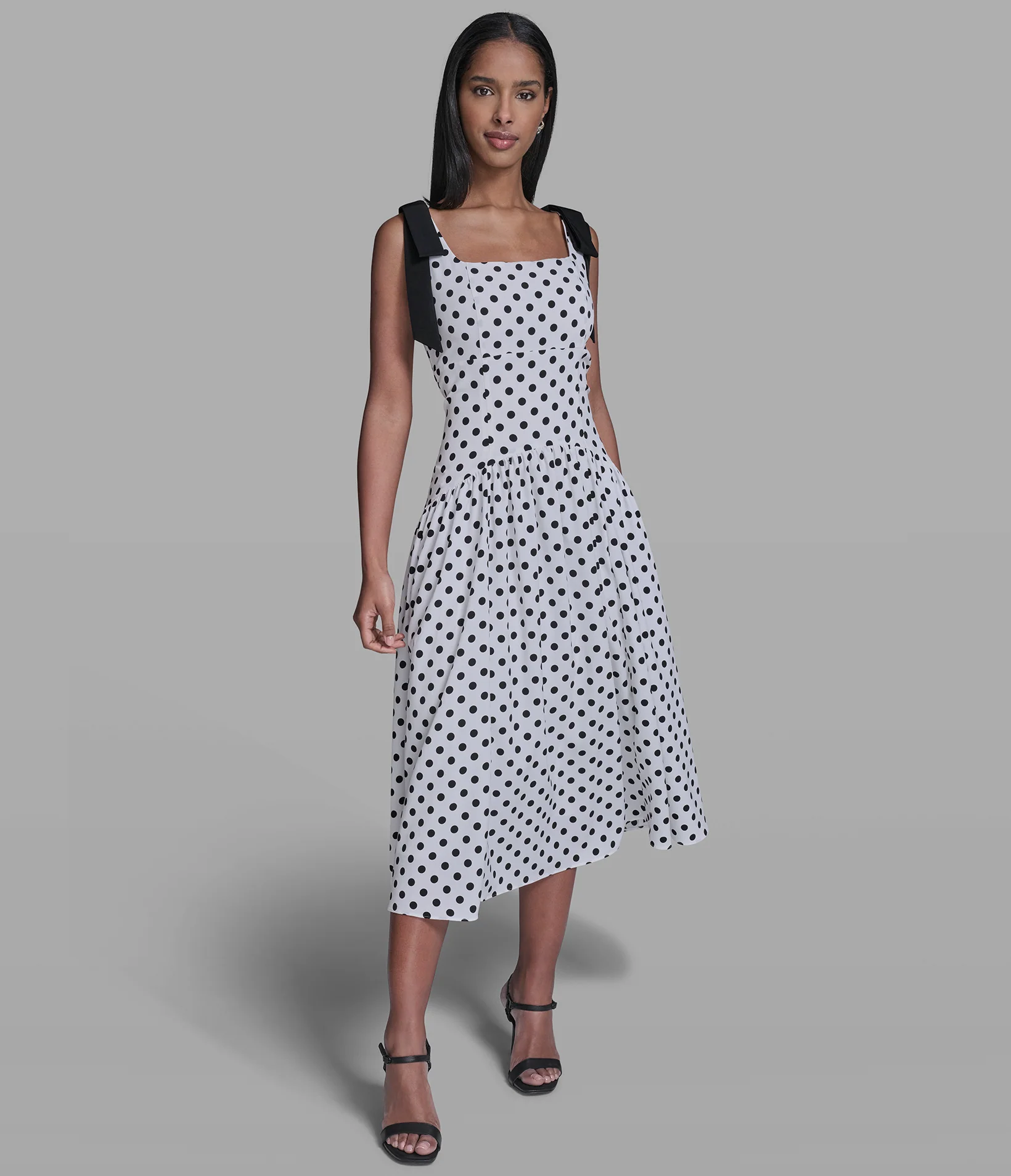 BOW STRAP POLKA DOT MIDI DRESS
