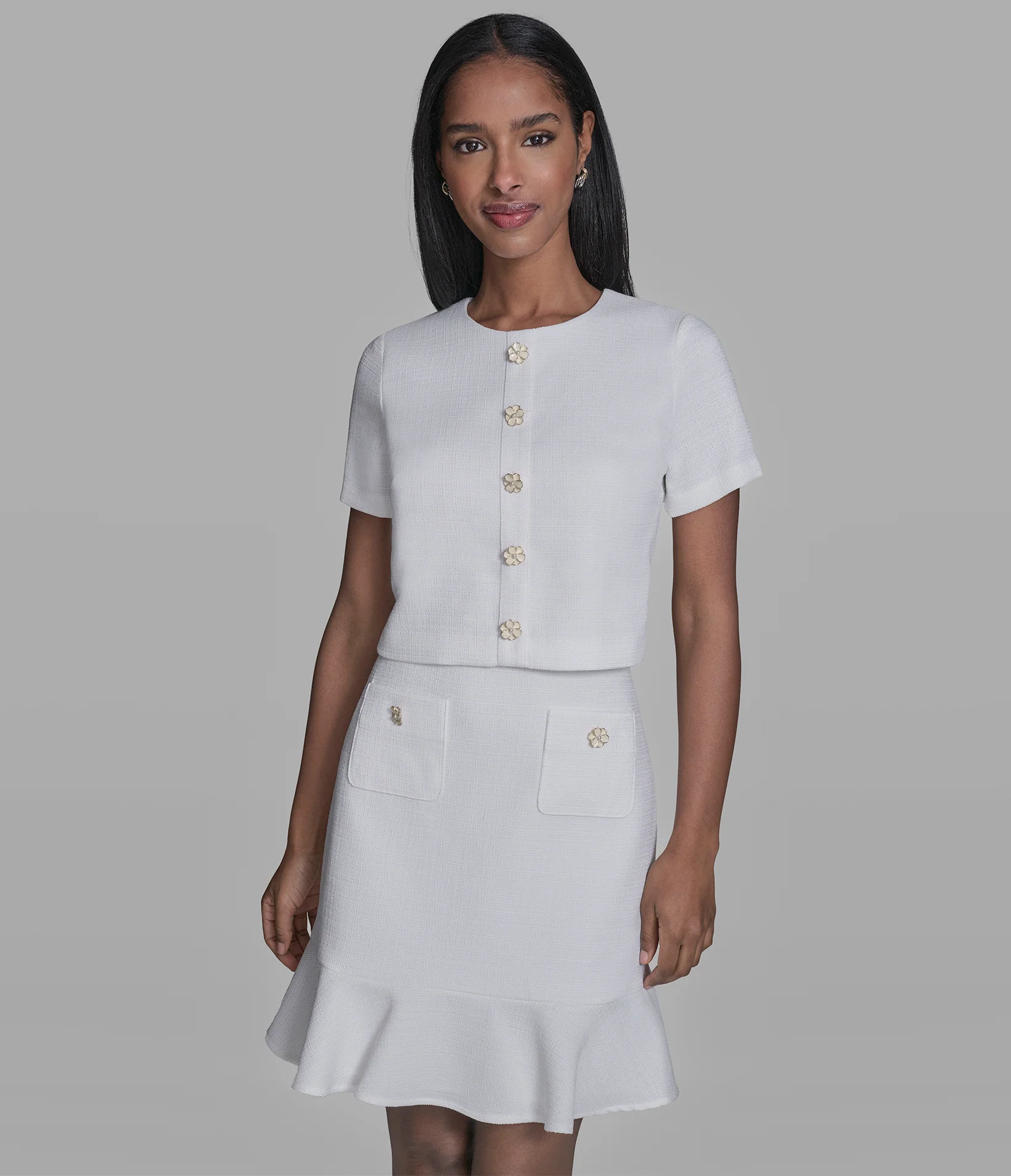 FAUX TWEED POP-OVER DRESS WITH FLORAL BUTTONS