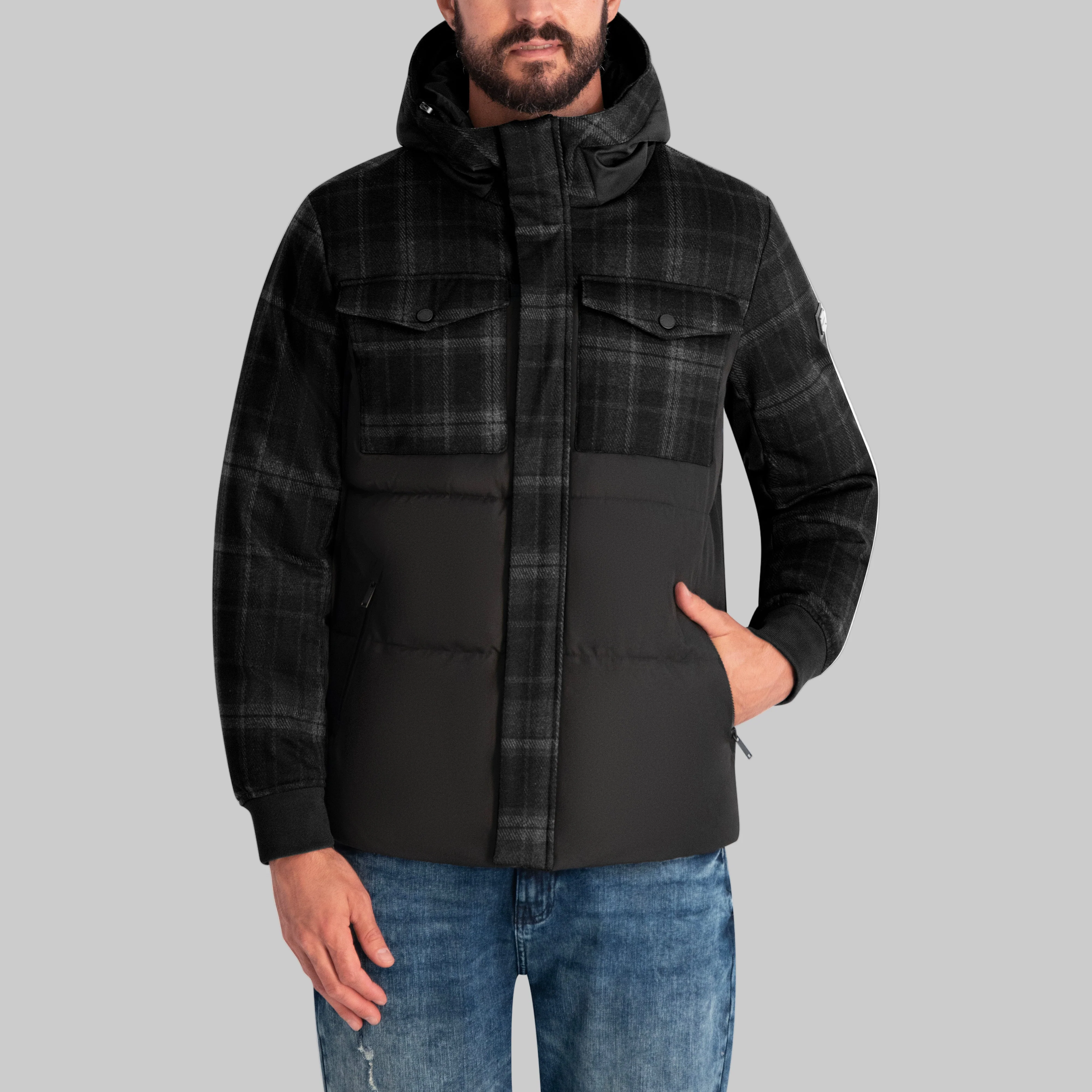 MIXED MEDIA HOODED PUFFER