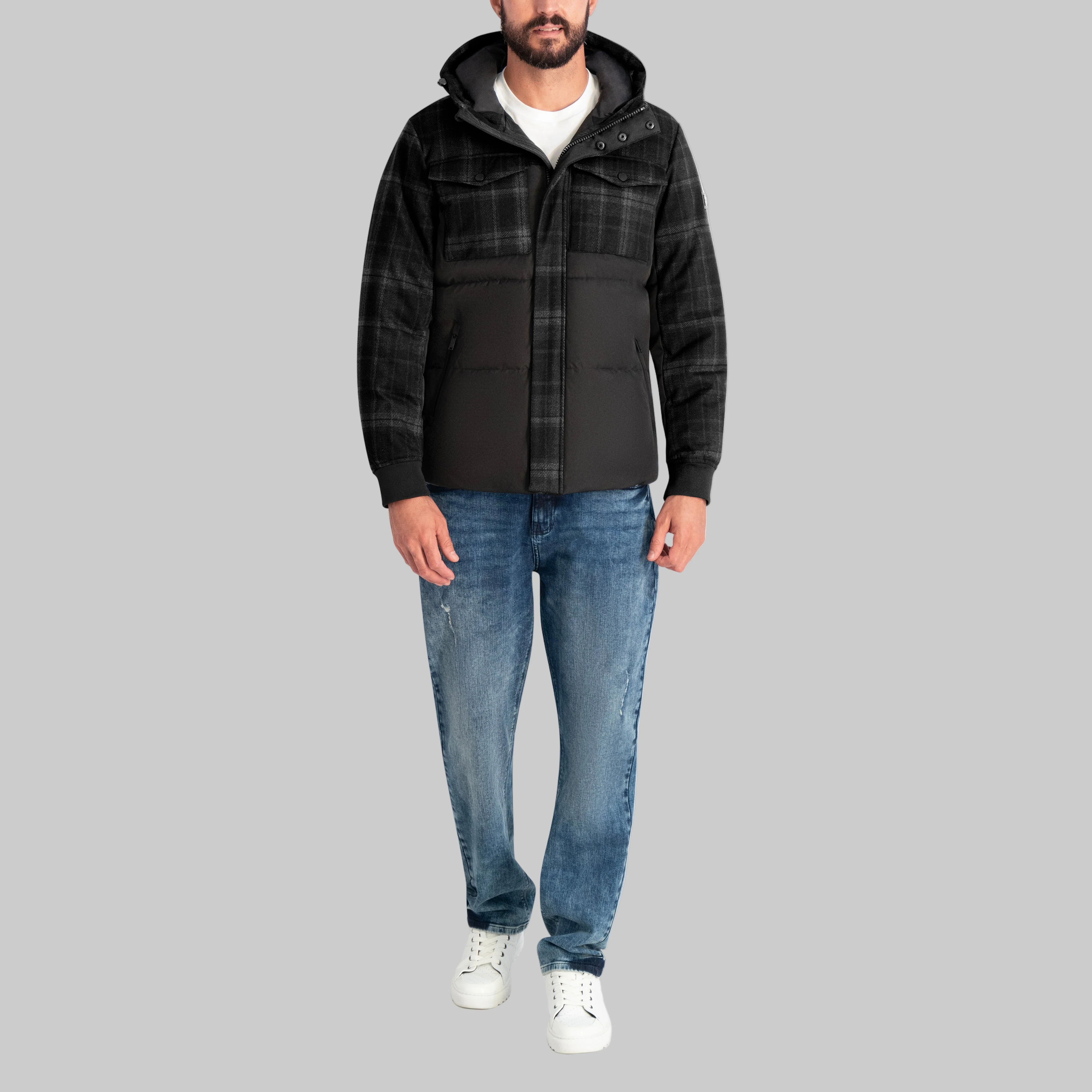 MIXED MEDIA HOODED PUFFER - Image 5